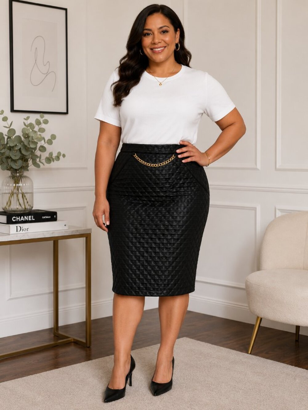 Quilted Black Pencil Skirt with Gold Chain Accent